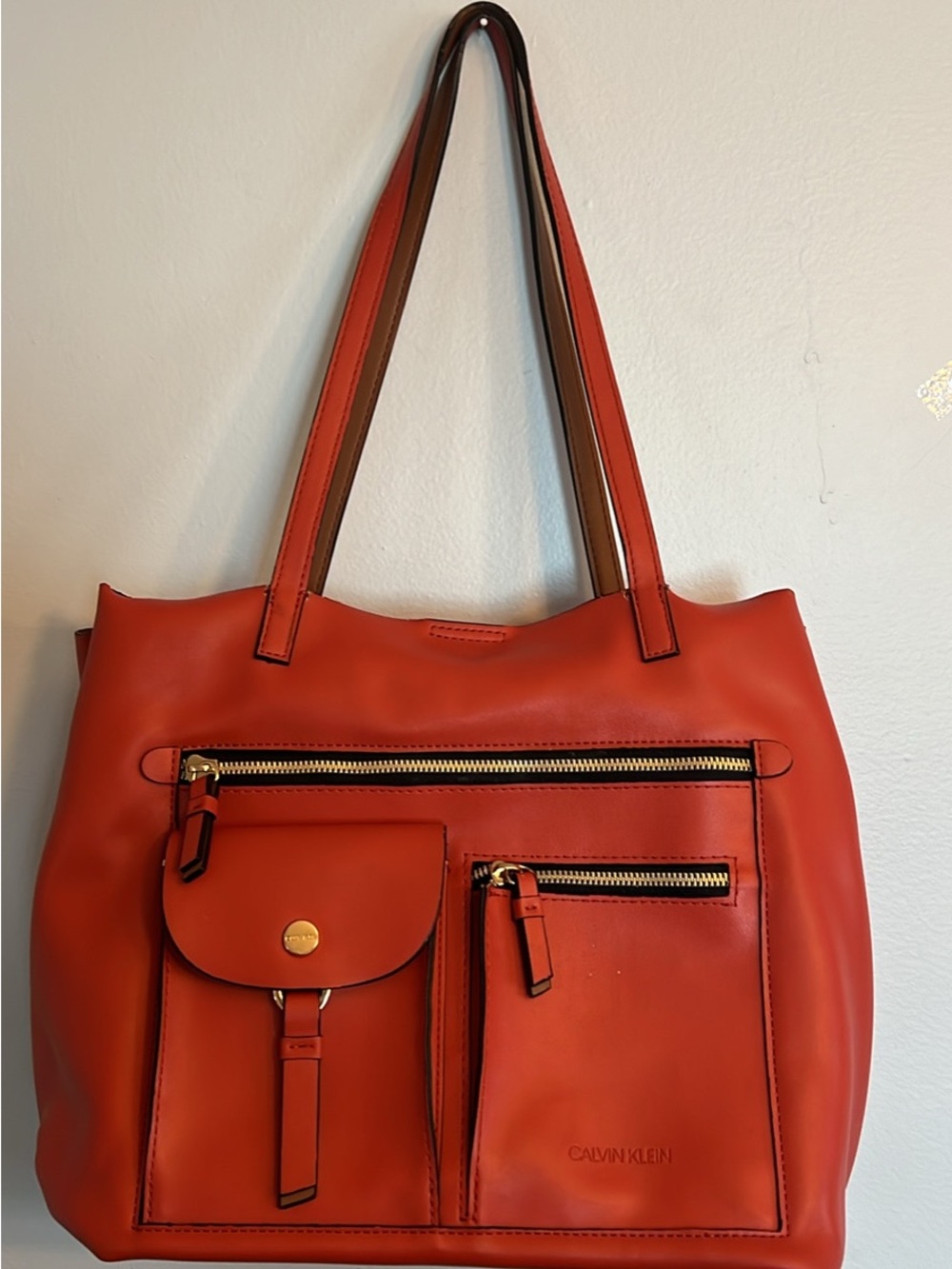 Calvin Klein Orange-Red Leather Tote with Front Pockets